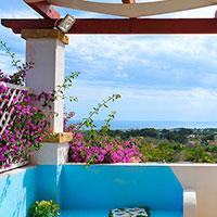 La vue mer depuis la terrasse avec les bougainvilliers
